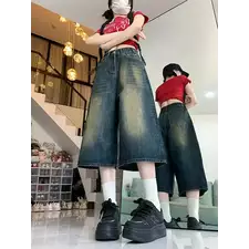 American Retro Old Seven-point Denim Shorts for Women Summer New High Waist Straight Wide-leg Casual Mid-leg Hot Pants Alo Skirt