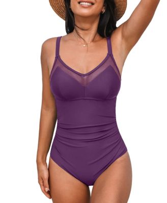 Women's V Neck Cutout Ruched Mesh One Piece Swimsuit