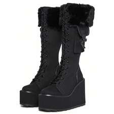 Stylish Black Mid-Calf Platform Combat Boots for Women - Lace-Up Chunky Block Heel Gothic Motorcycle Booties