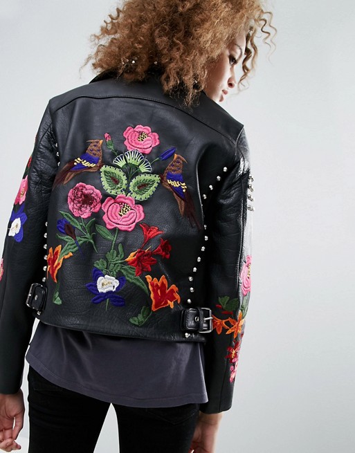  Premium Leather Biker Jacket with Floral Embroidery and Stud Detail