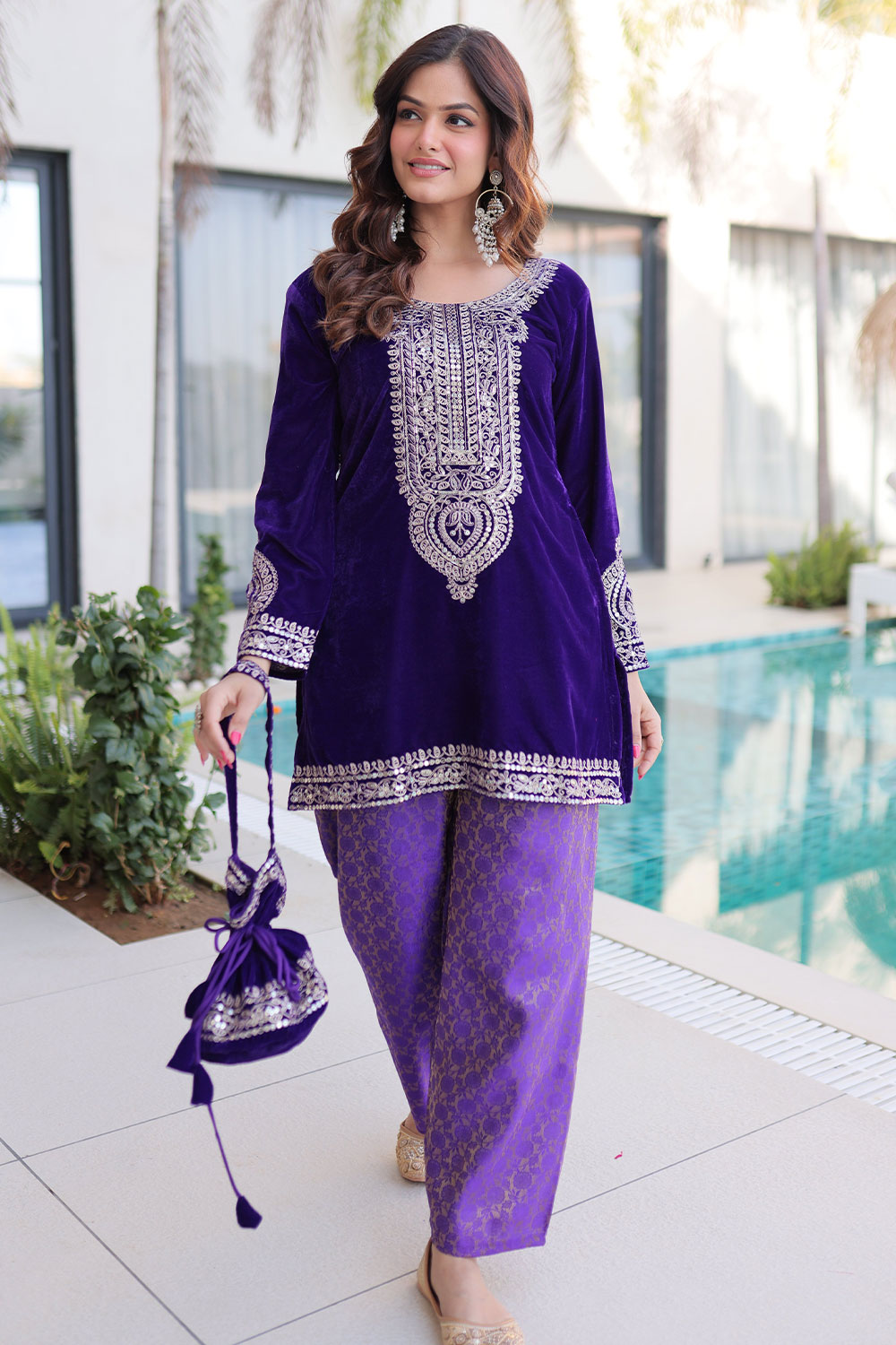 Purple Velvet Short Kurti W...