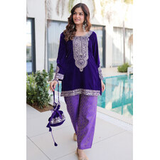 Purple Velvet Short Kurti With Silk Pants &amp; Potli Bag