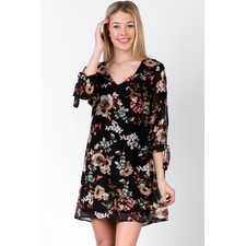 Black Dress V Neck 3/4 Sleeves - Floral Print Dress