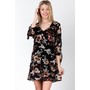Black Dress V Neck 3/4 Sleeves - Floral Print Dress