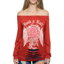 Off-Shoulder Rock n Roll Distressed Tee in Red