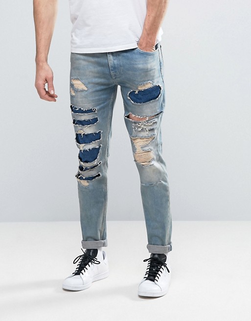Skinny Jeans With Mega Rips In Dusty Bleach Wash