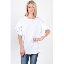 Round Neck Ruffle Sleeve Top - White Solid