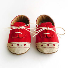 Baby Girl Shoes Red Canvas with Brogued Leather Crib Shoes