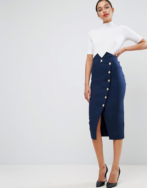 Tailored High Waist Pencil Skirt with Military Button Detail