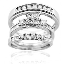 Trio Wedding Ring Set His and Her Rings White Gold Real Diamonds Princess 0.75ct(i2/i3, i/j