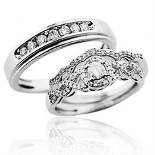 Trio Wedding Ring Set in White Gold Real Diamonds 0.6ct Bride & Grooms Infinity(i2/i3, i/j