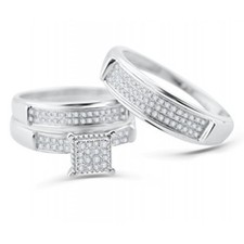 White Gold Trio Wedding Set Men Women Rings Real 1/3cttw Diamonds Pave (I2/i3 Clarity, I/j Color)