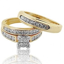 Trio Wedding Ring Set His and Her Rings Real Gold Real Diamonds Princess 0.75ct(i2/i3, i/j