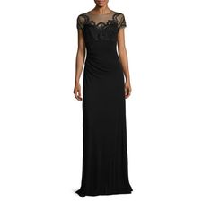 Theia - Lace Applique Illusion Gown