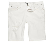 White distressed skinny fit denim shorts