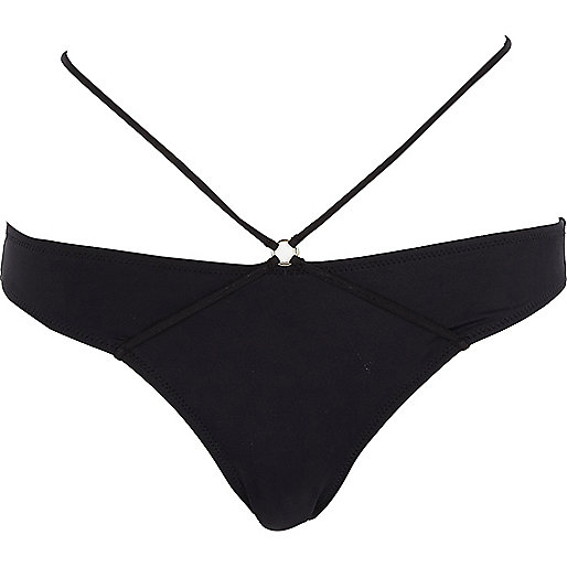 Black ring front cross strap bikini bottoms