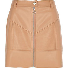 Beige faux leather zip front mini skirt