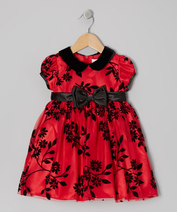 Red Floral Puff-Sleeve Dres...