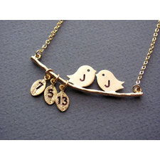 Personalized Gold Love Birds Necklace- Valentine, anniversary, mom gifts, necklace also available in silver.