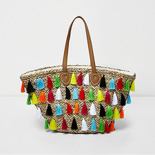 Beige multicolour tassel large beach bag