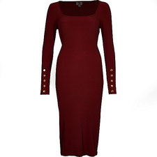 Dark red rib long sleeve bodycon dress