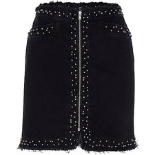 Black frayed studded zip front denim skirt