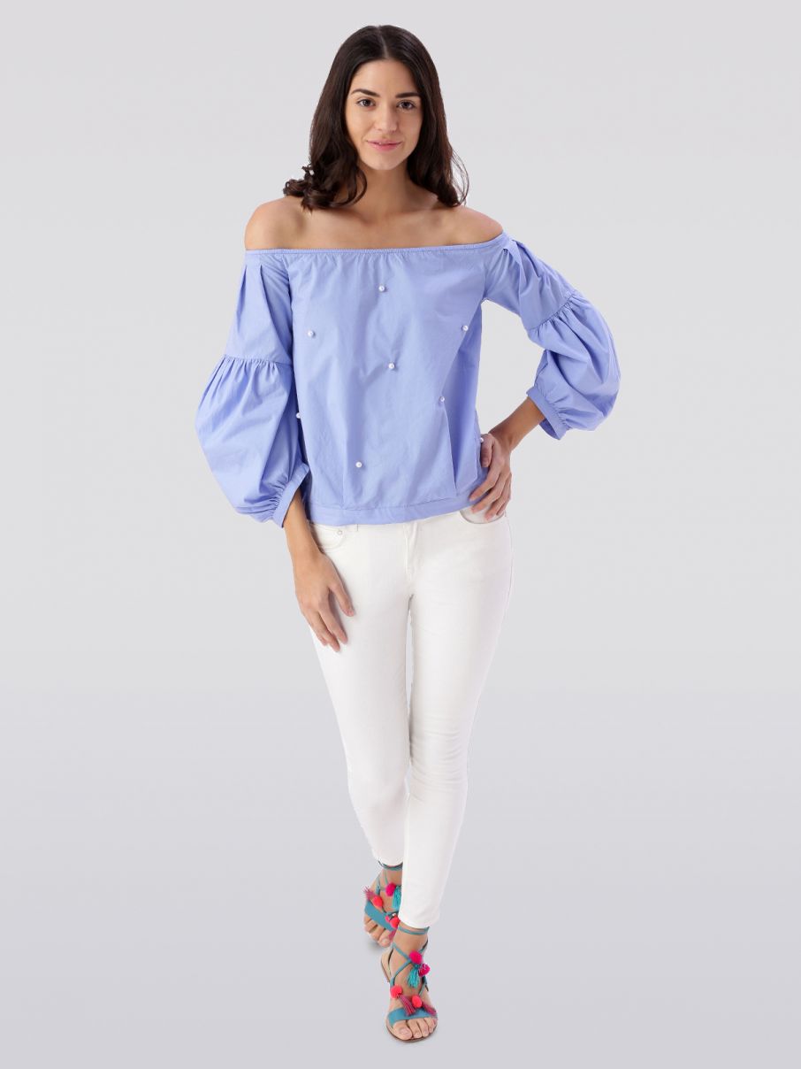 Buy Beaded Bardot Chambray Top Online in India - CO001WG58AJHINCVS - www.coverstory.co.in