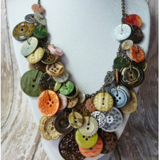 Bountiful Buttons - Vintage Button Necklace,Statement,AWARD WINNING,Green/Coral/Pearl/Ivory Buttons on Brass Chain,Repurposed