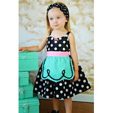 Retro Polka Dot apron dress with Hot Pink trim very ROCKABILLY I Love Lucy girls toddler infant fifties style dress 50s
