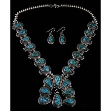 Leonard Nez Red Web Kingman Turquoise Squash Blossom Necklace and Earrings