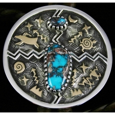 Arland Ben Rare Gem Grade Bisbee Turquoise Solid 14K Gold Over Sterling Silver Petroglyph Design Bolo Tie