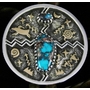 Arland Ben Rare Gem Grade Bisbee Turquoise Solid 14K Gold Over Sterling Silver Petroglyph Design Bolo Tie