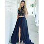 A-line Lace Bodice Navy Two Piece Prom Dresses with Split APD2885