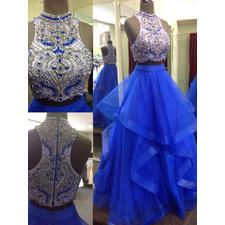 A-line/Princess Halter Royal Blue Beaded Top Two Piece Prom Dresses APD1878