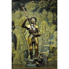 A 15TH CENTURY POLYCHROMED SCULPTURE OF ST GEORGE AND THE DRAGON. SOUTH GERMAN. CIRCA 1480.