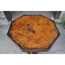 A STUNNING AND RARE 18TH CENTURY BURR ELM HEXAGONAL CRICKET TABLE. CIRCA 1750.