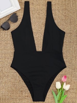 High Cut Plunge Neck Swimsuit - Black M