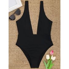 High Cut Plunge Neck Swimsuit - Black M