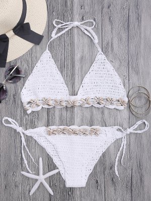 Seashell Trim Crochet String Bikini Set - White