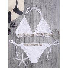 Seashell Trim Crochet String Bikini Set - White