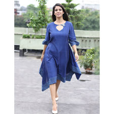 Indian August - Indigo blue asymetric side flare hand woven cotton dress