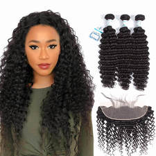 Brazilian Deep Wave Virgin Hair Weave 3Pcs With Lace Frontal Closure