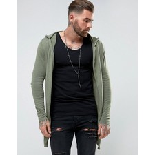 ASOS Hooded Open Front Cardigan With Curved Hem In Khaki