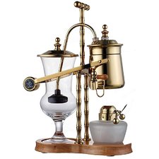 Diguo Gen-2 Belgium / Belgian Luxury Royal Balancing Siphon Coffee Maker. Wooden Base, T-Handle, Easy to Clean Take Apart Water Retainer and Permanent Filter. Color: Golden