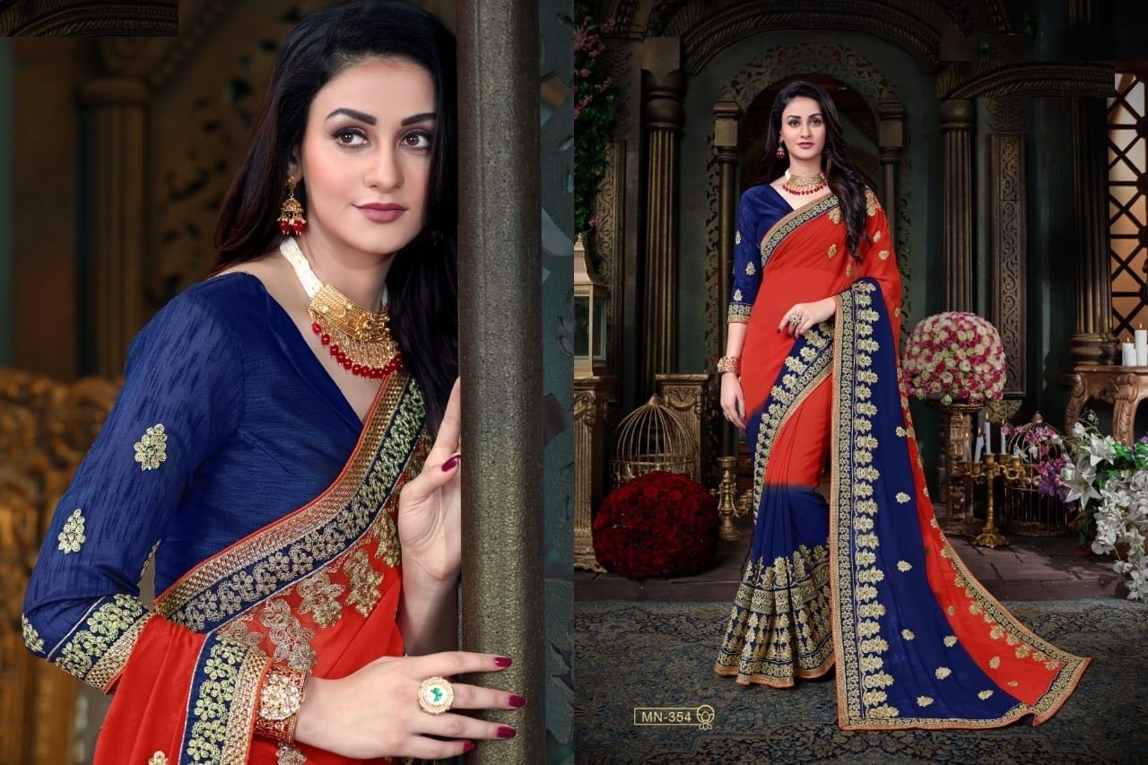 Designer orange & Blue Saree