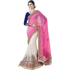 Triveni Self Design Lehenga Saree Net Saree(White, Pink)