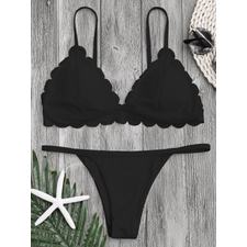 Low Waisted Scalloped Thong Bikini - Black M