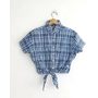 Blue Knot-Front Flannel Crop Top