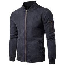 Stand Collar Zip Up Denim Jacket - Gray L