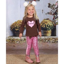 Girls Brown & Pink Long Sleeve Heart Football Top & Sequin Leggings Set